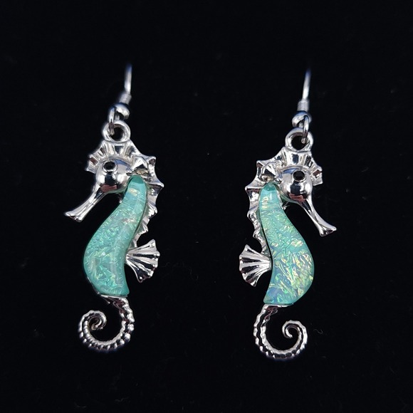 Praymos Jewelry - Praymos Seahorse Dangle Earrings Aqua Enamel Silver Tone Nautical Drop Pair